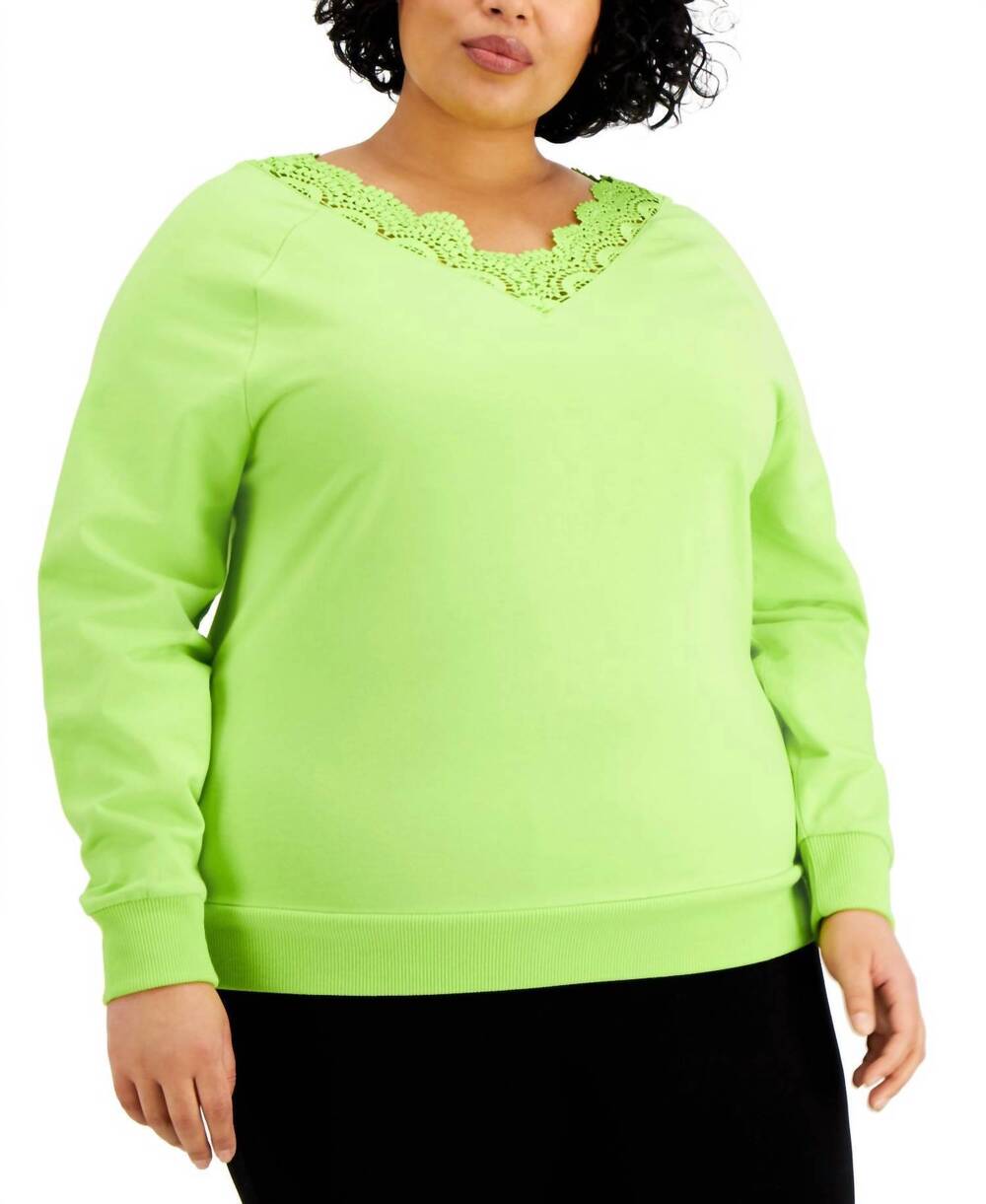 NEW KISS & TELL women's trendy plus size lace-trim v-neck top in green